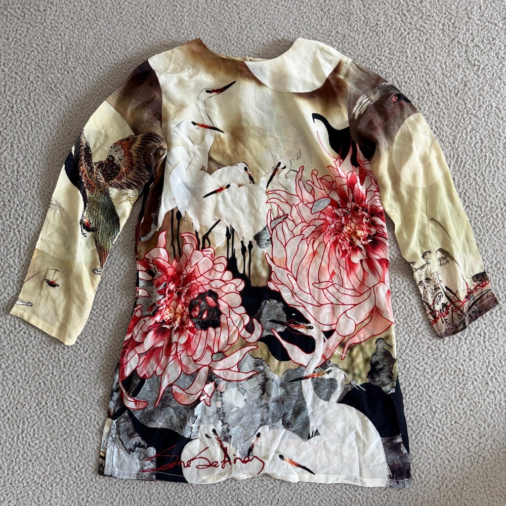 Sana Safinaz Silk Tunic Top Medium Floral Crane Pheasant Print Blouse